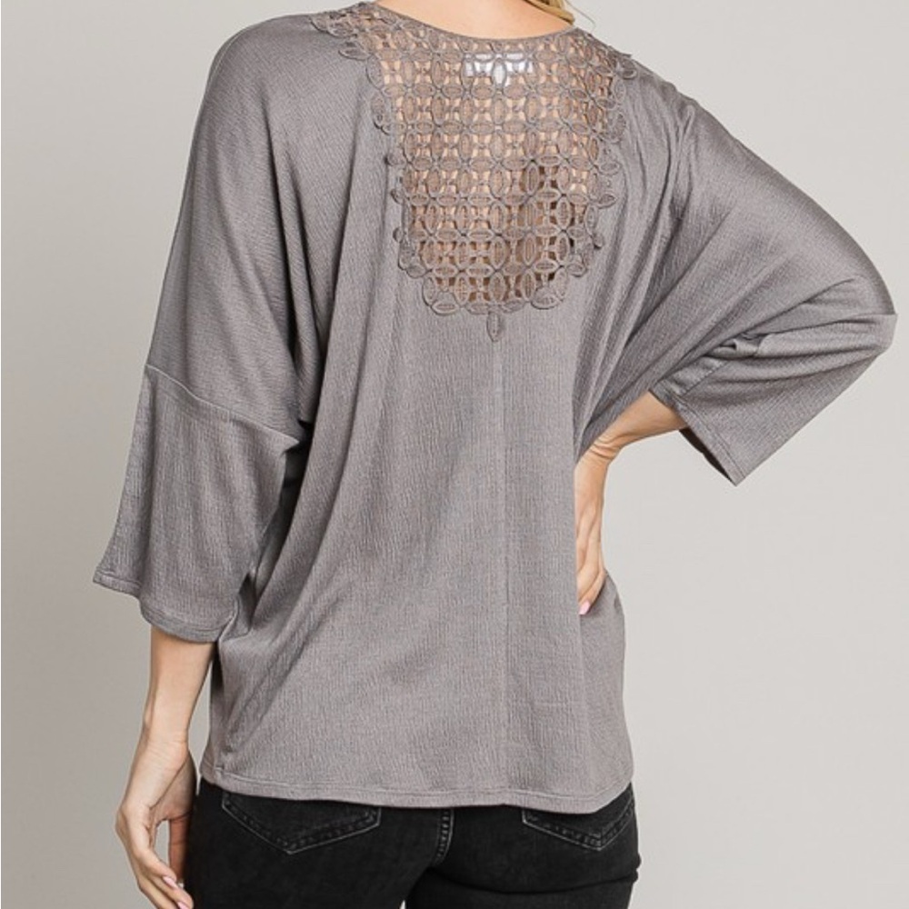 Cerule Gray Crinkle Knit Lace Back Top Relaxed Flowy Long Sleeve NWT Sizes S-XL